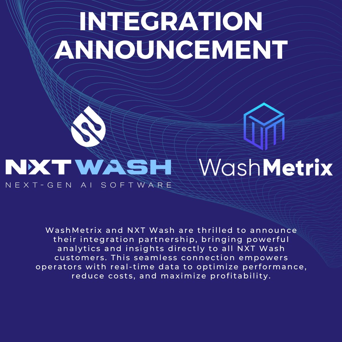 Image announcing the NXT Integration with Washmetrix, featuring key visual elements.